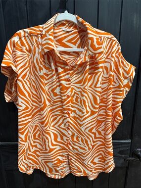 JODIFL Orange and White Zebra Print Button-Up Blouse